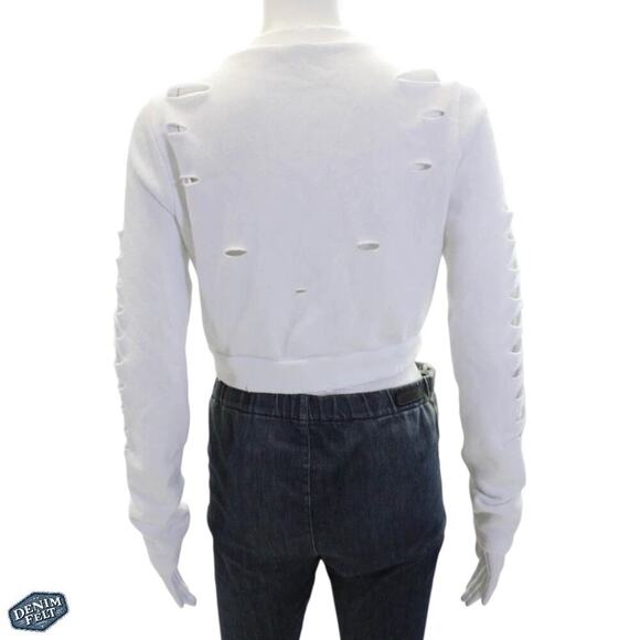 Alo Yoga Shredded Long Sleeve White Crop Top Crewneck Sweatshirt Distressed - Picture 7 of 11